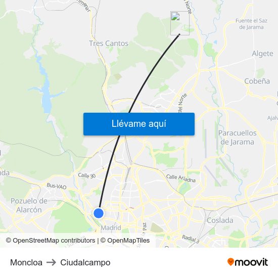 Moncloa to Ciudalcampo map