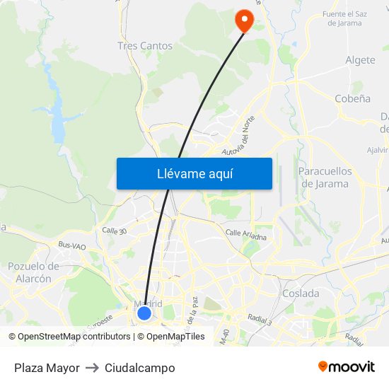 Plaza Mayor to Ciudalcampo map
