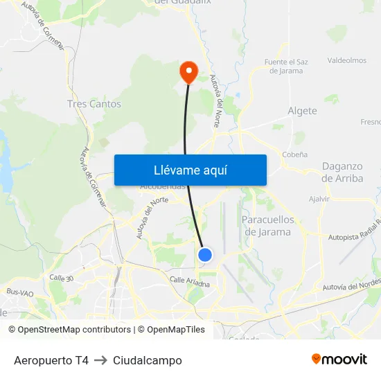 Aeropuerto T4 to Ciudalcampo map