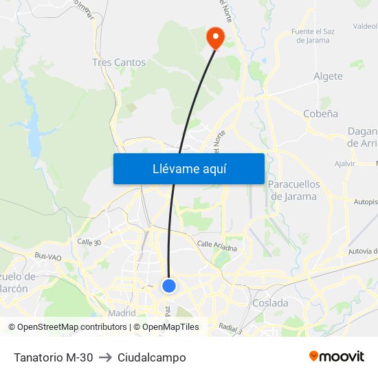 Tanatorio M-30 to Ciudalcampo map