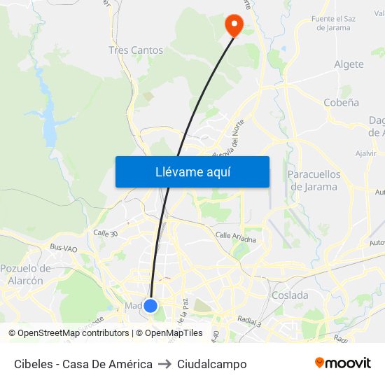 Cibeles - Casa De América to Ciudalcampo map