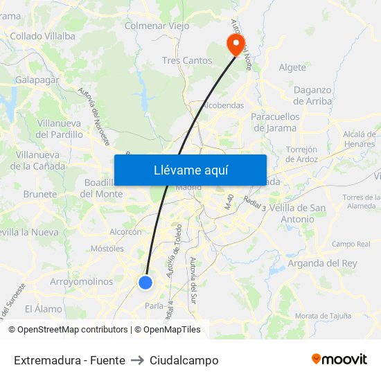 Extremadura - Fuente to Ciudalcampo map