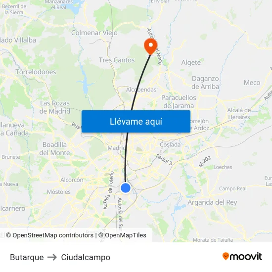 Butarque to Ciudalcampo map