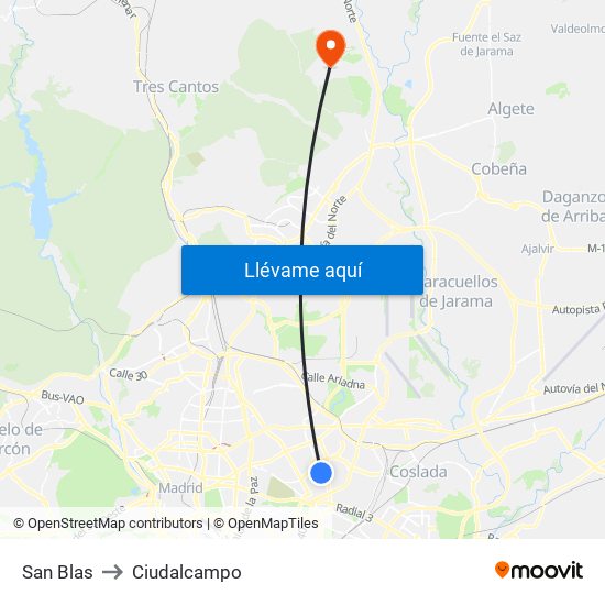 San Blas to Ciudalcampo map
