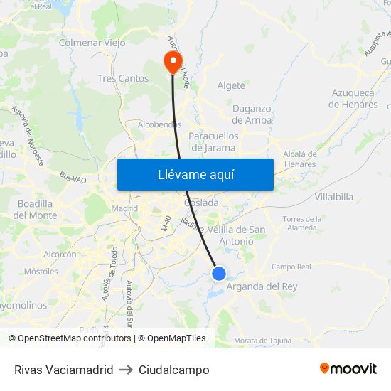 Rivas Vaciamadrid to Ciudalcampo map
