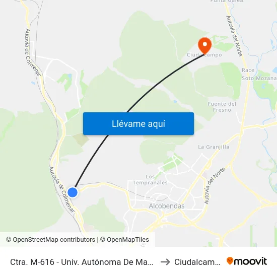 Ctra. M-616 - Univ. Autónoma De Madrid to Ciudalcampo map