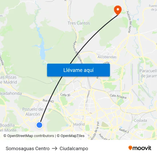 Somosaguas Centro to Ciudalcampo map