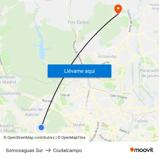 Somosaguas Sur to Ciudalcampo map