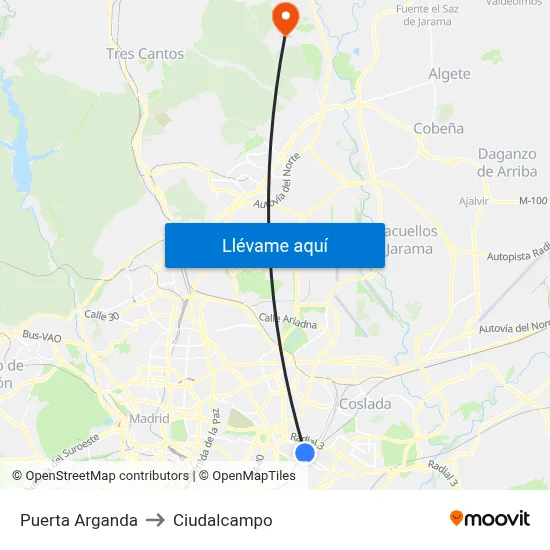 Puerta Arganda to Ciudalcampo map