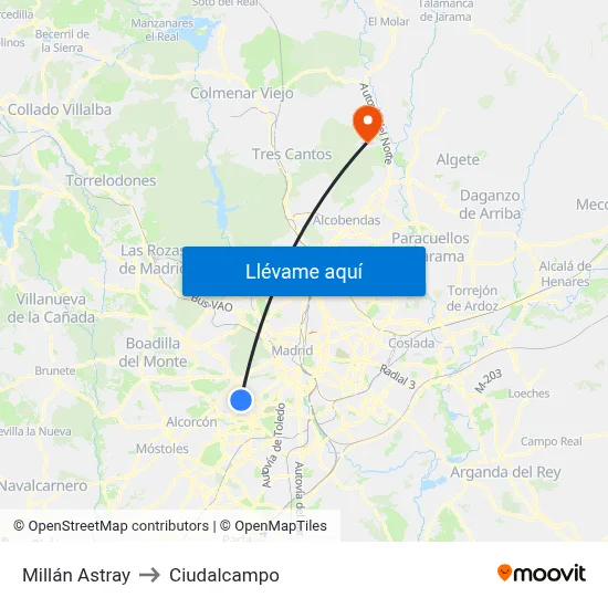 Millán Astray to Ciudalcampo map