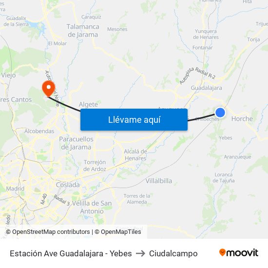 Estación Ave Guadalajara - Yebes to Ciudalcampo map