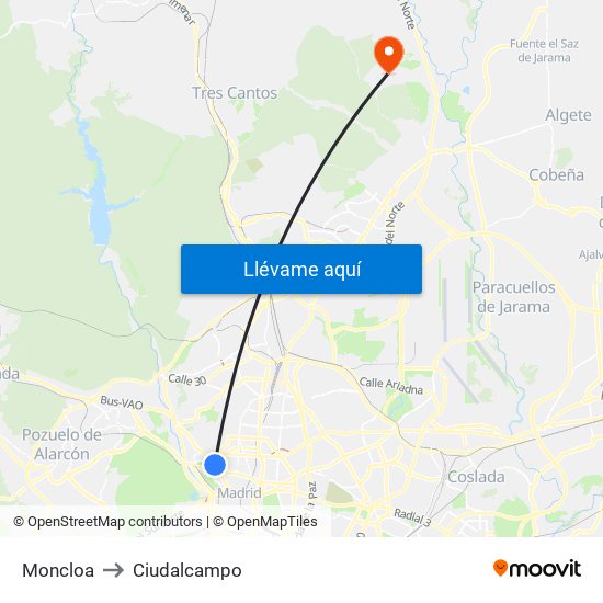 Moncloa to Ciudalcampo map