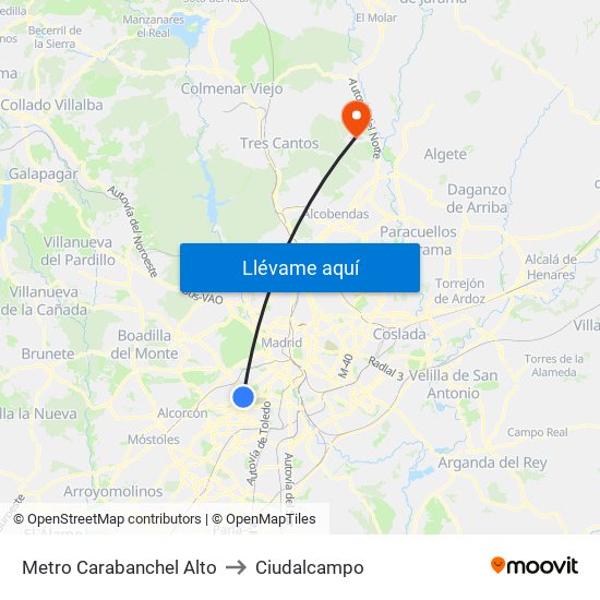 Metro Carabanchel Alto to Ciudalcampo map