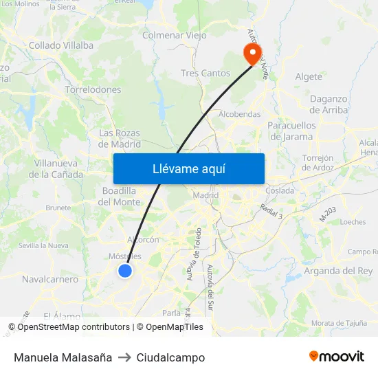 Manuela Malasaña to Ciudalcampo map