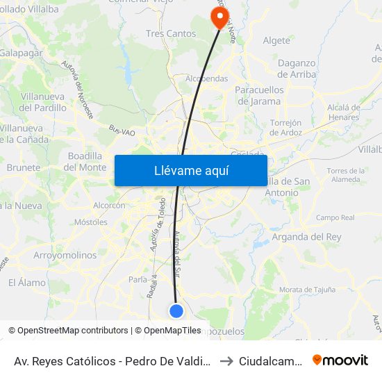 Av. Reyes Católicos - Pedro De Valdivia to Ciudalcampo map