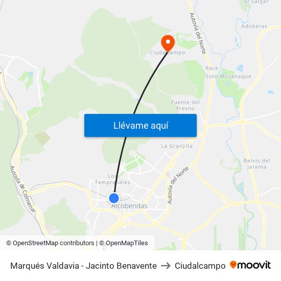 Marqués Valdavia - Jacinto Benavente to Ciudalcampo map