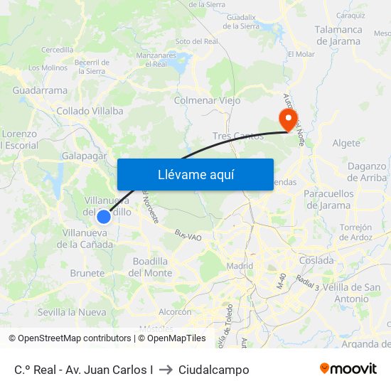 C.º Real - Av. Juan Carlos I to Ciudalcampo map