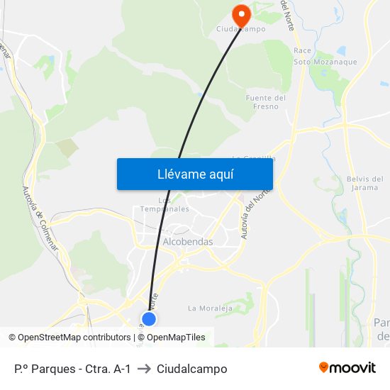 P.º Parques - Ctra. A-1 to Ciudalcampo map