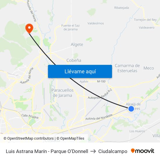 Luis Astrana Marín - Parque O'Donnell to Ciudalcampo map