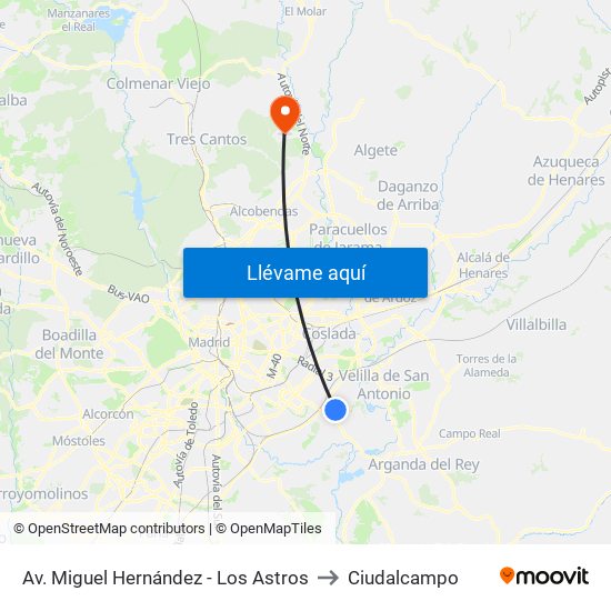 Av. Miguel Hernández - Los Astros to Ciudalcampo map