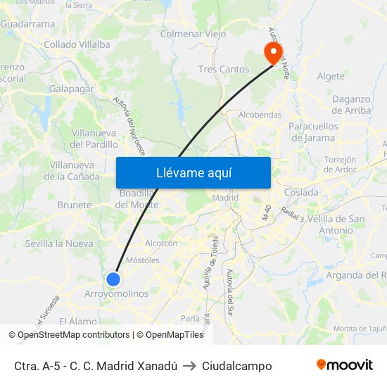 Ctra. A-5 - C. C. Madrid Xanadú to Ciudalcampo map