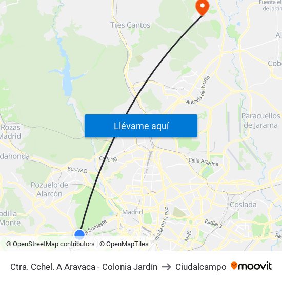 Ctra. Cchel. A Aravaca - Colonia Jardín to Ciudalcampo map