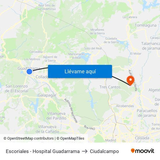 Escoriales - Hospital Guadarrama to Ciudalcampo map