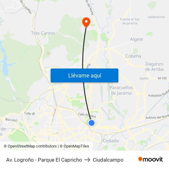 Av. Logroño - Parque El Capricho to Ciudalcampo map