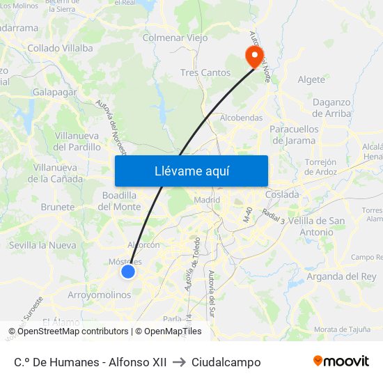 C.º De Humanes - Alfonso XII to Ciudalcampo map
