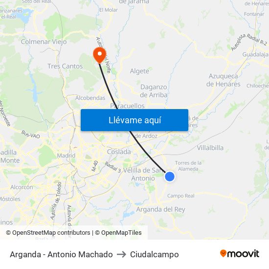 Arganda - Antonio Machado to Ciudalcampo map