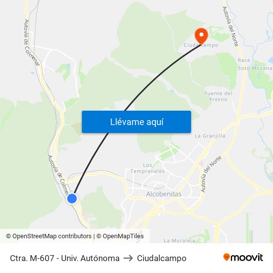 Ctra. M-607 - Univ. Autónoma to Ciudalcampo map