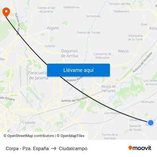 Corpa - Pza. España to Ciudalcampo map