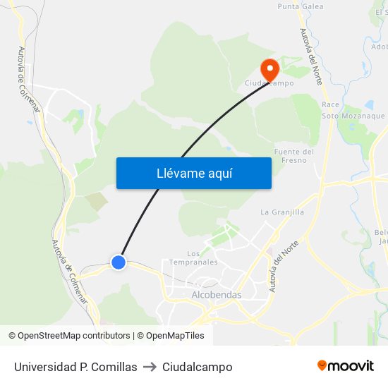 Universidad P. Comillas to Ciudalcampo map
