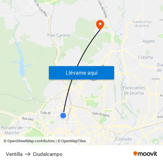 Ventilla to Ciudalcampo map