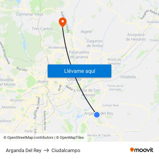 Arganda Del Rey to Ciudalcampo map