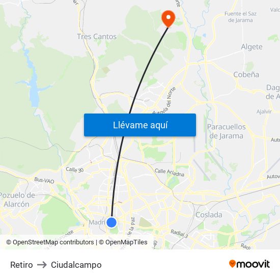 Retiro to Ciudalcampo map