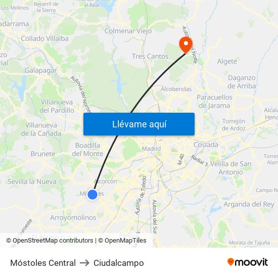 Móstoles Central to Ciudalcampo map