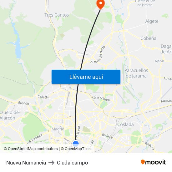 Nueva Numancia to Ciudalcampo map