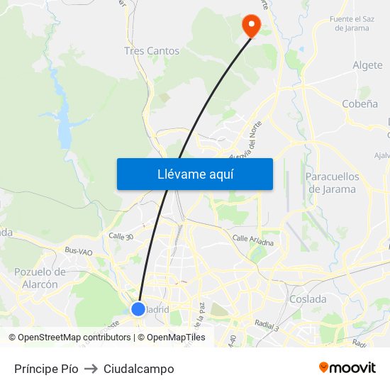 Príncipe Pío to Ciudalcampo map