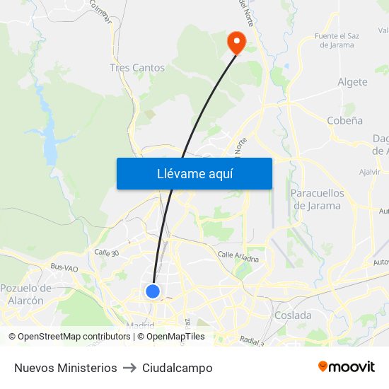 Nuevos Ministerios to Ciudalcampo map