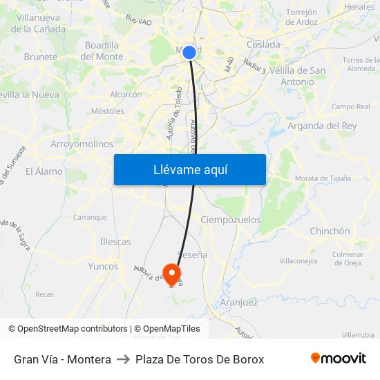 Gran Vía - Montera to Plaza De Toros De Borox map