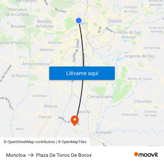 Moncloa to Plaza De Toros De Borox map