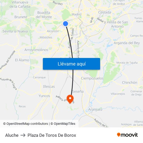 Aluche to Plaza De Toros De Borox map