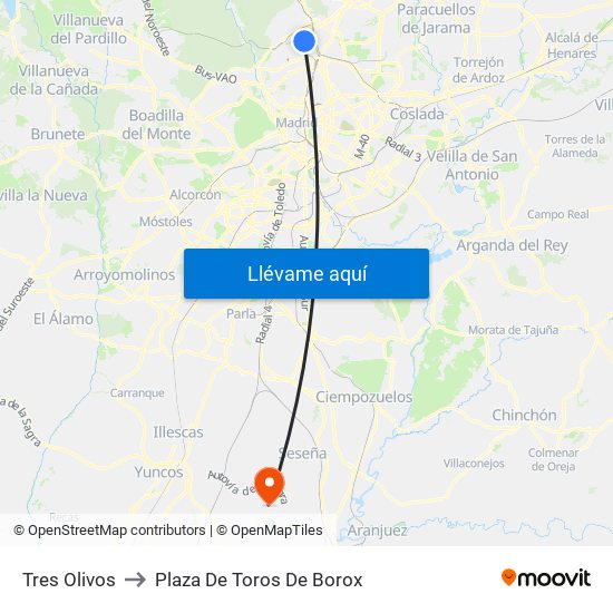 Tres Olivos to Plaza De Toros De Borox map