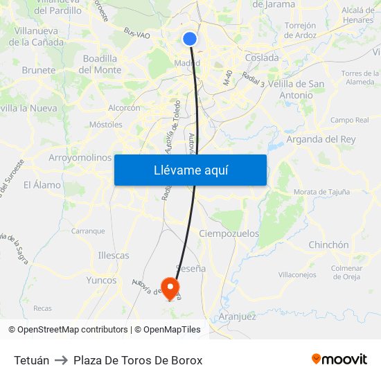Tetuán to Plaza De Toros De Borox map