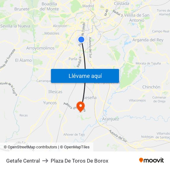 Getafe Central to Plaza De Toros De Borox map