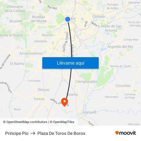Príncipe Pío to Plaza De Toros De Borox map