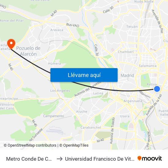 Metro Conde De Casal to Universidad Francisco De Vitoria map