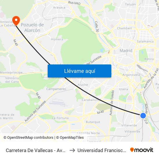 Carretera De Vallecas - Avenida Rosales to Universidad Francisco De Vitoria map