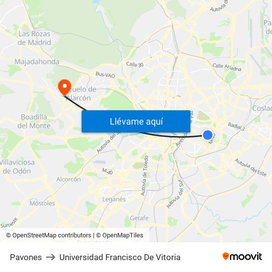 Pavones to Universidad Francisco De Vitoria map